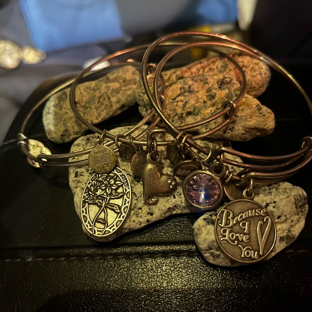 4 Alex and Ani Bracelets. (Heart, because I love you, violet gem, and Friend)